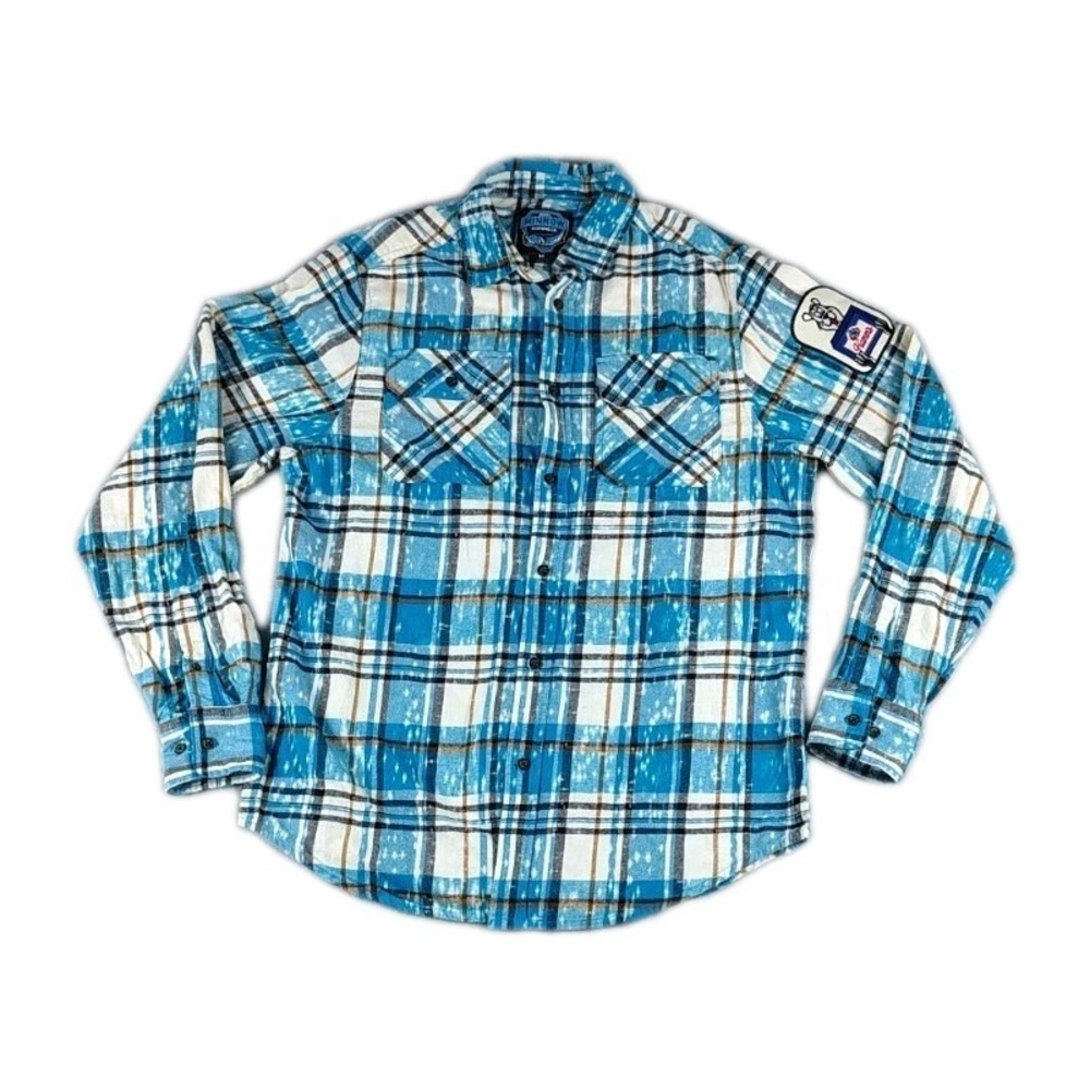 Angey Minnow HAMM'S BEER Blue Plaid Flannel Button Up Shirt Men's Size Medium